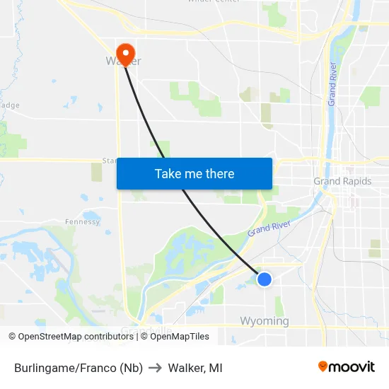 Burlingame/Franco (Nb) to Walker, MI map