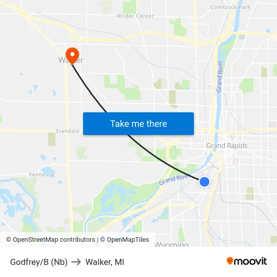 Godfrey/B (Nb) to Walker, MI map