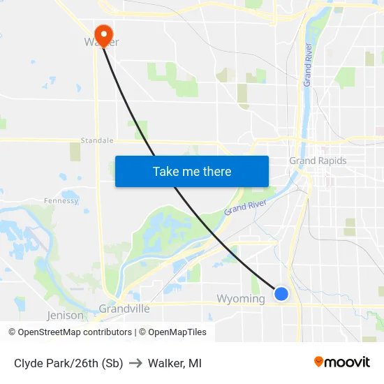 Clyde Park/26th (Sb) to Walker, MI map