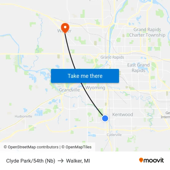 Clyde Park/54th (Nb) to Walker, MI map