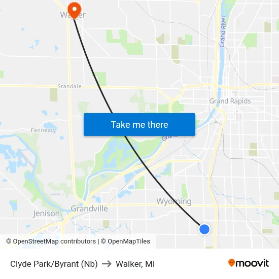 Clyde Park/Byrant (Nb) to Walker, MI map