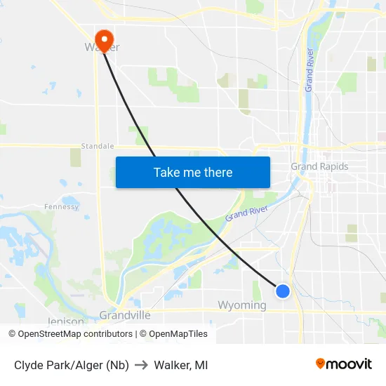 Clyde Park/Alger (Nb) to Walker, MI map