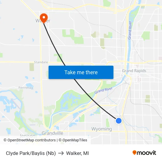 Clyde Park/Baylis (Nb) to Walker, MI map