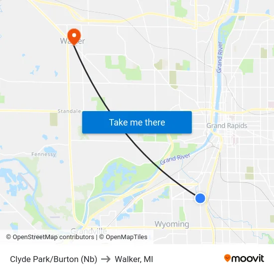 Clyde Park/Burton (Nb) to Walker, MI map