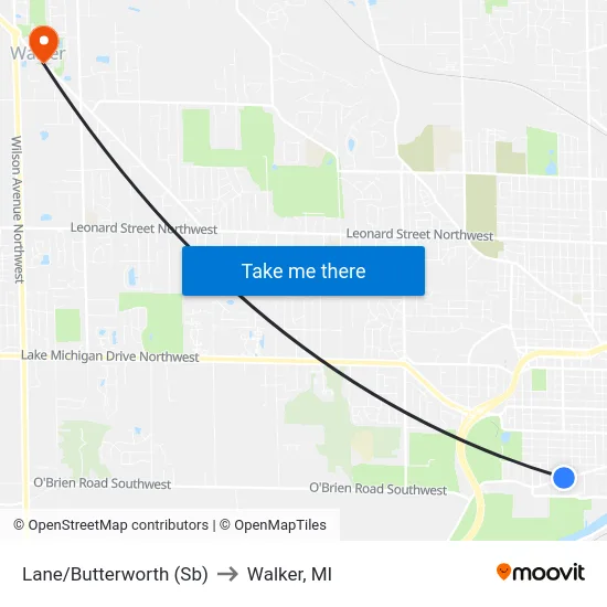 Lane/Butterworth (Sb) to Walker, MI map
