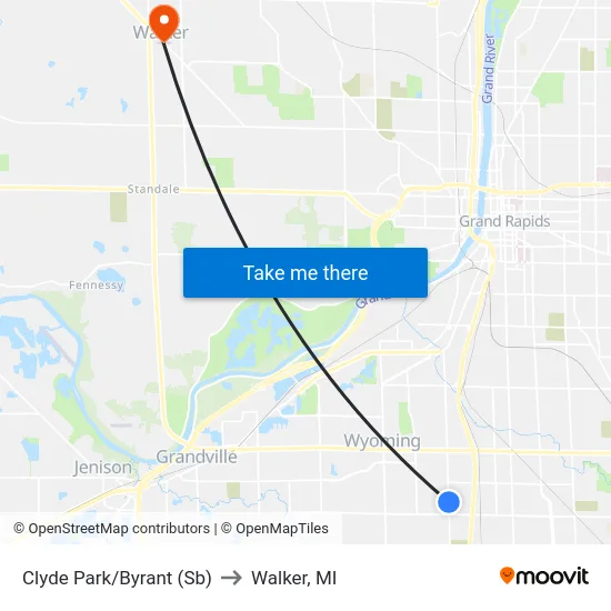 Clyde Park/Byrant (Sb) to Walker, MI map