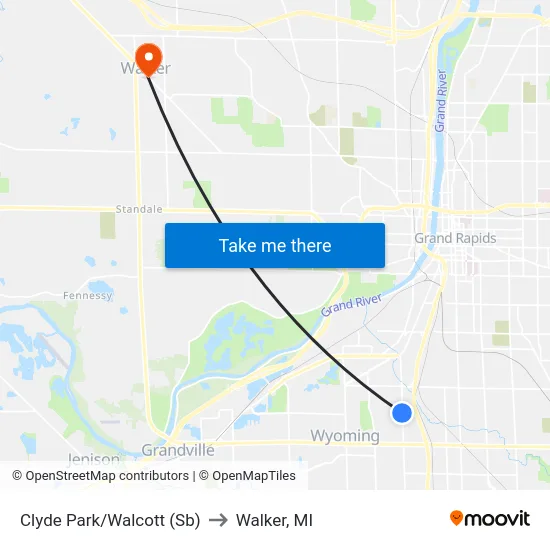 Clyde Park/Walcott (Sb) to Walker, MI map