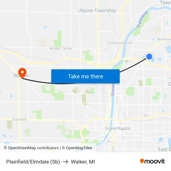Plainfield/Elmdale (Sb) to Walker, MI map