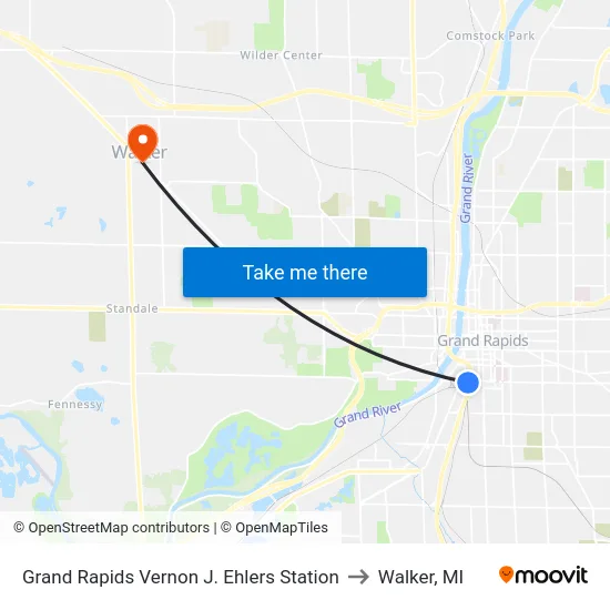 Grand Rapids Vernon J. Ehlers Station to Walker, MI map