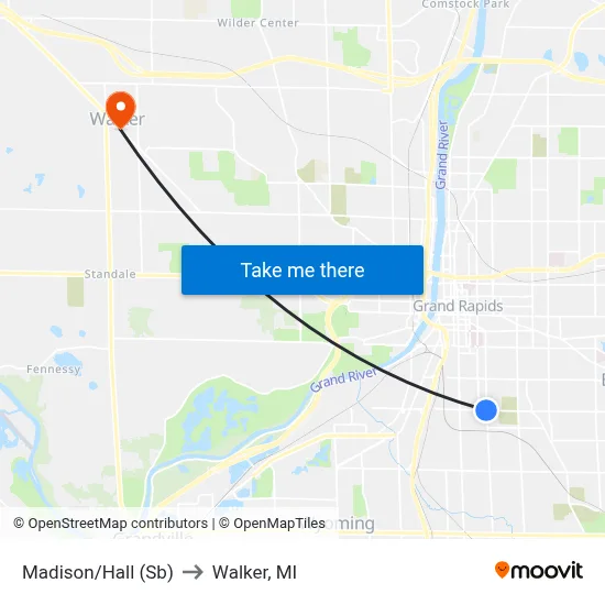 Madison/Hall (Sb) to Walker, MI map