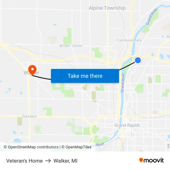 Veteran's Home to Walker, MI map