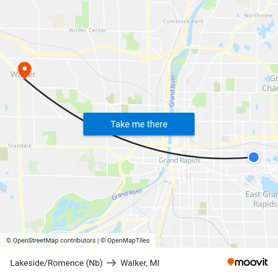 Lakeside/Romence (Nb) to Walker, MI map