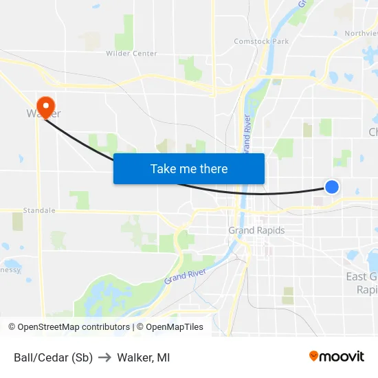 Ball/Cedar (Sb) to Walker, MI map
