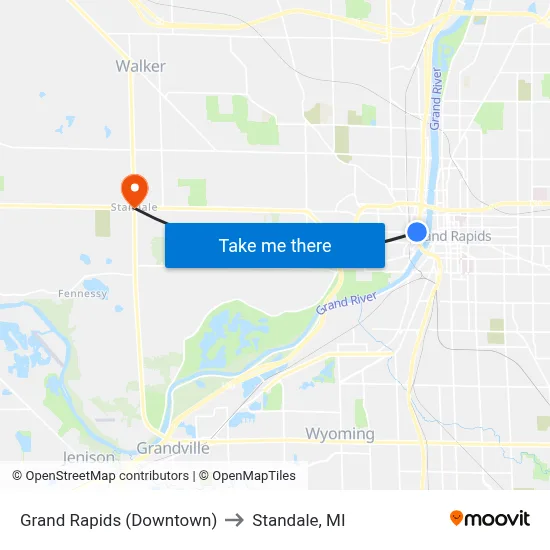 Grand Rapids (Downtown) to Standale, MI map
