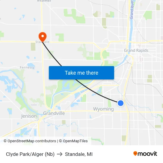 Clyde Park/Alger (Nb) to Standale, MI map