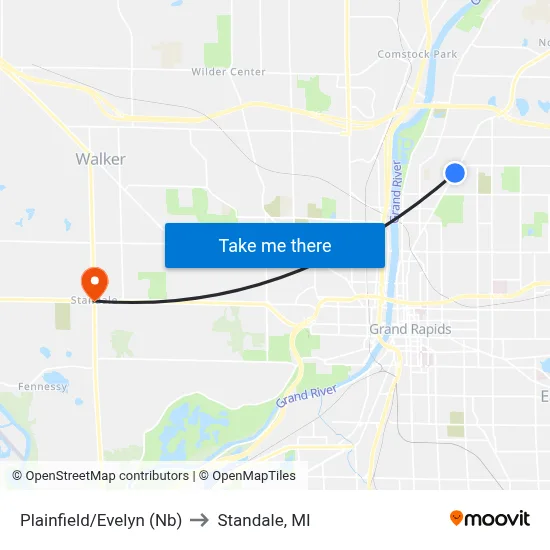 Plainfield/Evelyn (Nb) to Standale, MI map
