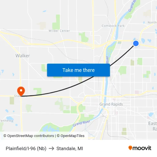 Plainfield/I-96 (Nb) to Standale, MI map