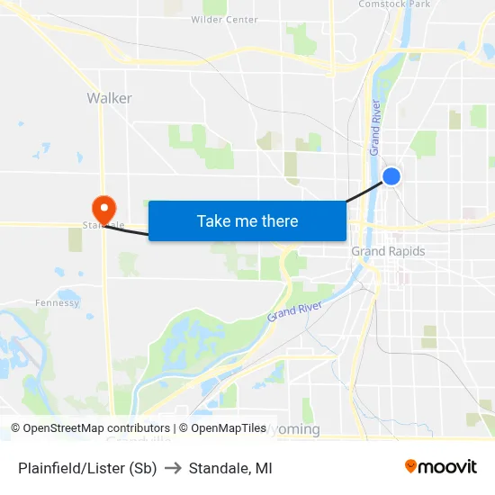 Plainfield/Lister (Sb) to Standale, MI map