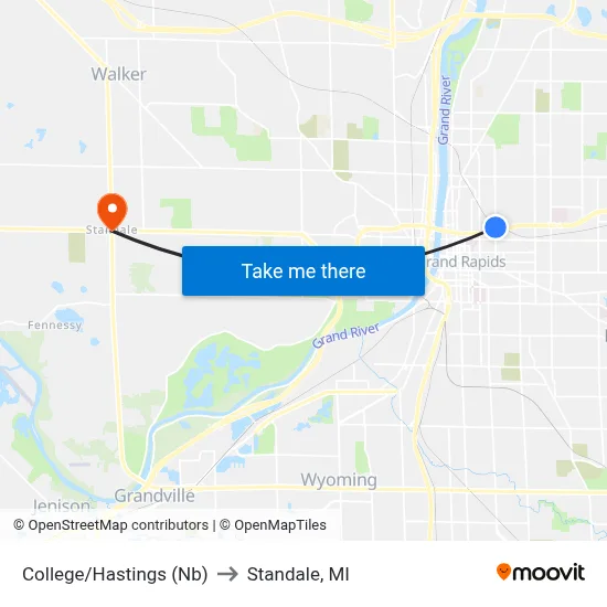College/Hastings (Nb) to Standale, MI map