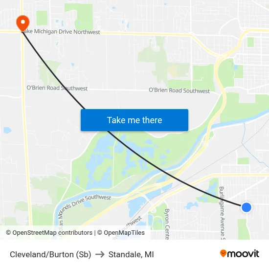 Cleveland/Burton (Sb) to Standale, MI map