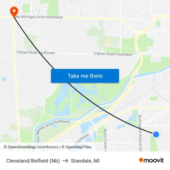 Cleveland/Belfield (Nb) to Standale, MI map