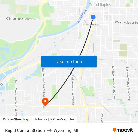 Rapid Central Station to Wyoming, MI map