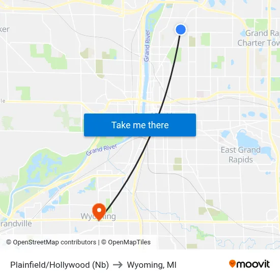 Plainfield/Hollywood (Nb) to Wyoming, MI map
