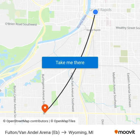 Fulton/Van Andel Arena (Eb) to Wyoming, MI map