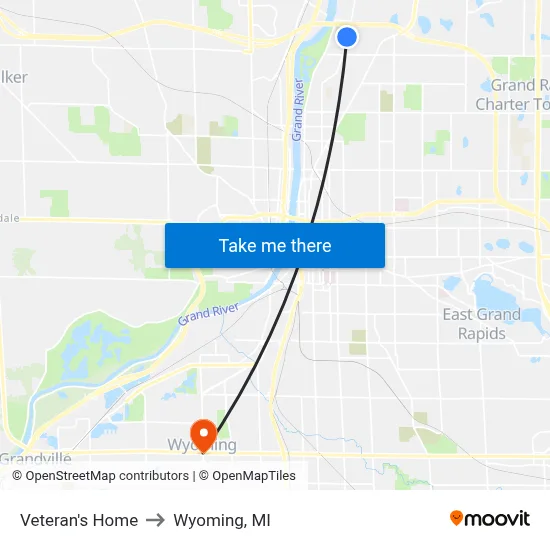Veteran's Home to Wyoming, MI map