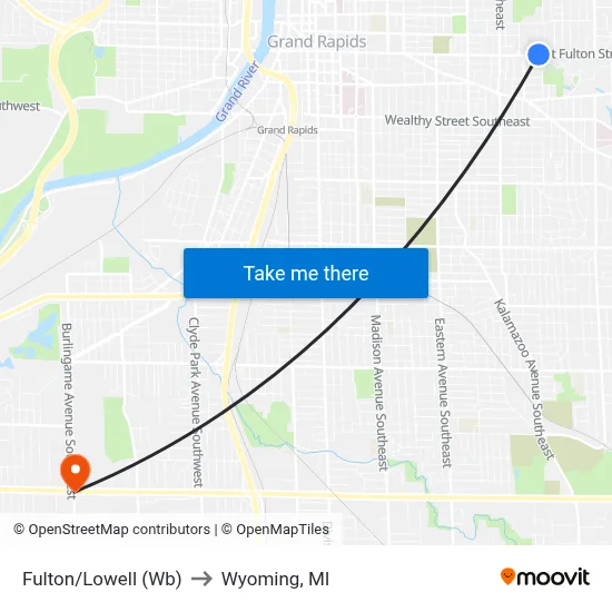 Fulton/Lowell (Wb) to Wyoming, MI map