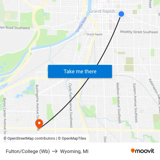 Fulton/College (Wb) to Wyoming, MI map