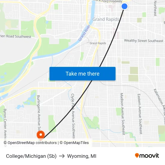 College/Michigan (Sb) to Wyoming, MI map