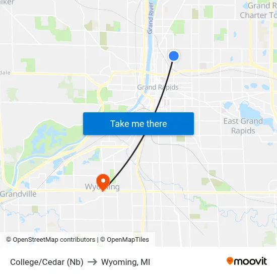 College/Cedar (Nb) to Wyoming, MI map