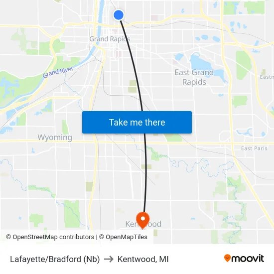 Lafayette/Bradford (Nb) to Kentwood, MI map
