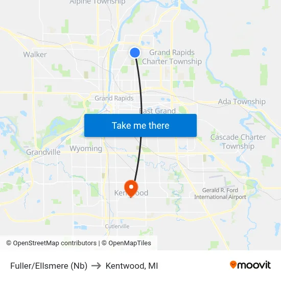 Fuller/Ellsmere (Nb) to Kentwood, MI map