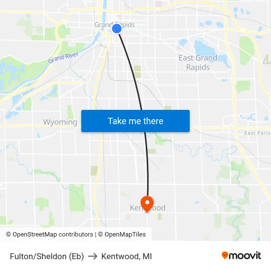 Fulton/Sheldon (Eb) to Kentwood, MI map