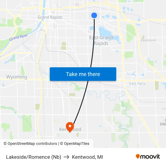 Lakeside/Romence (Nb) to Kentwood, MI map