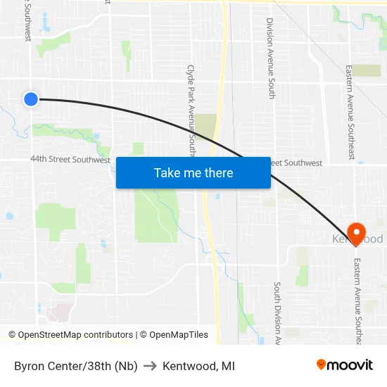 Byron Center/38th (Nb) to Kentwood, MI map