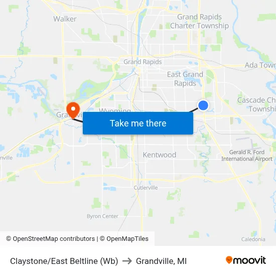 Claystone/East Beltline (Wb) to Grandville, MI map