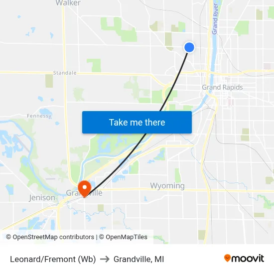 Leonard/Fremont (Wb) to Grandville, MI map
