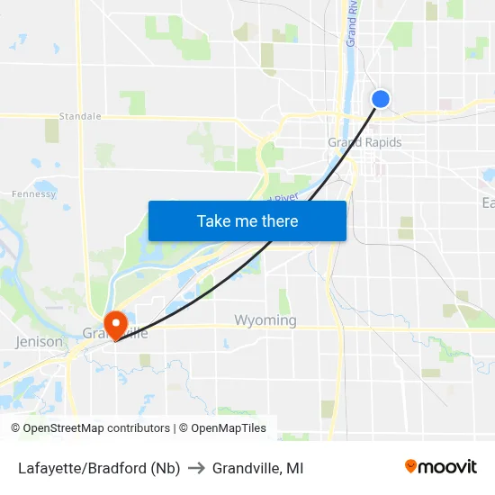 Lafayette/Bradford (Nb) to Grandville, MI map