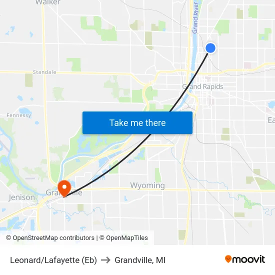 Leonard/Lafayette (Eb) to Grandville, MI map
