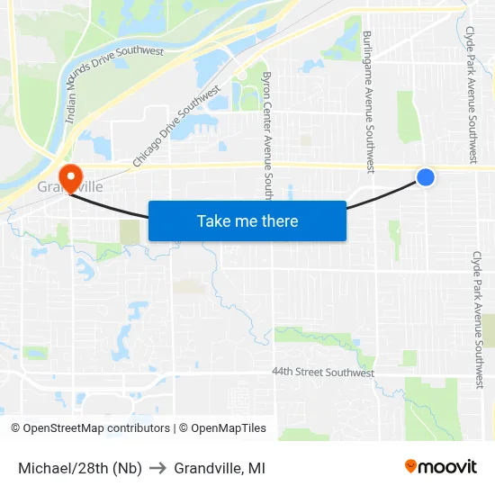 Michael/28th (Nb) to Grandville, MI map