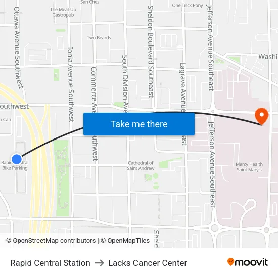Rapid Central Station to Lacks Cancer Center map