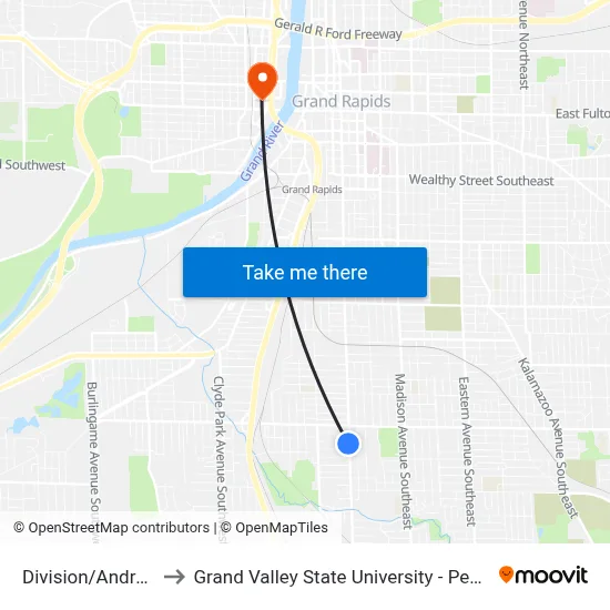 Division/Andre (Sb) to Grand Valley State University - Pew Campus map