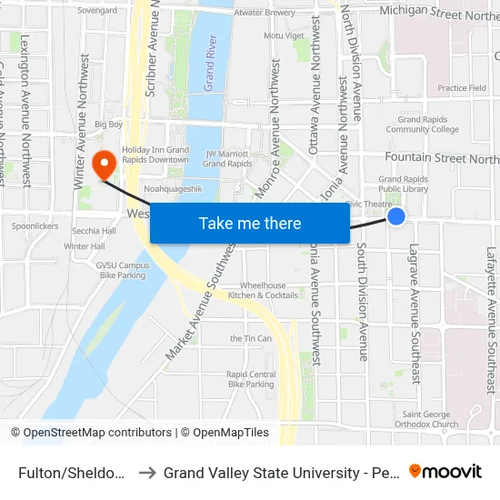 Fulton/Sheldon (Wb) to Grand Valley State University - Pew Campus map
