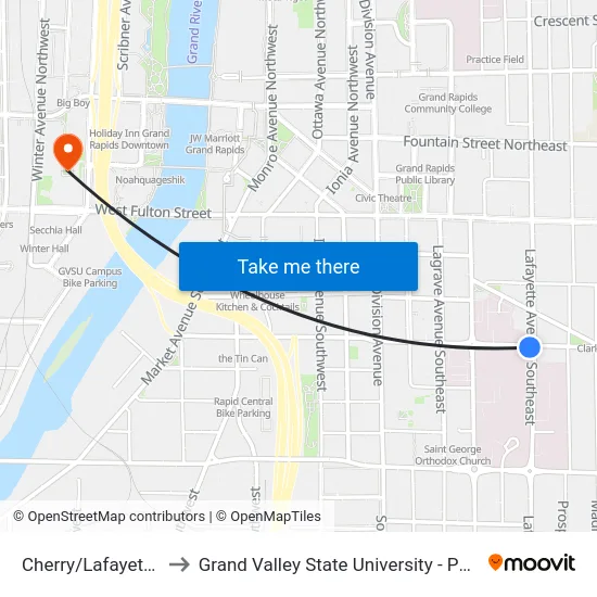 Cherry/Lafayette (Eb) to Grand Valley State University - Pew Campus map