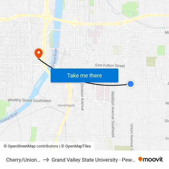 Cherry/Union (Eb) to Grand Valley State University - Pew Campus map