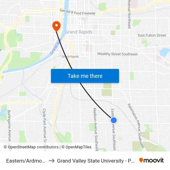 Eastern/Ardmore (Sb) to Grand Valley State University - Pew Campus map