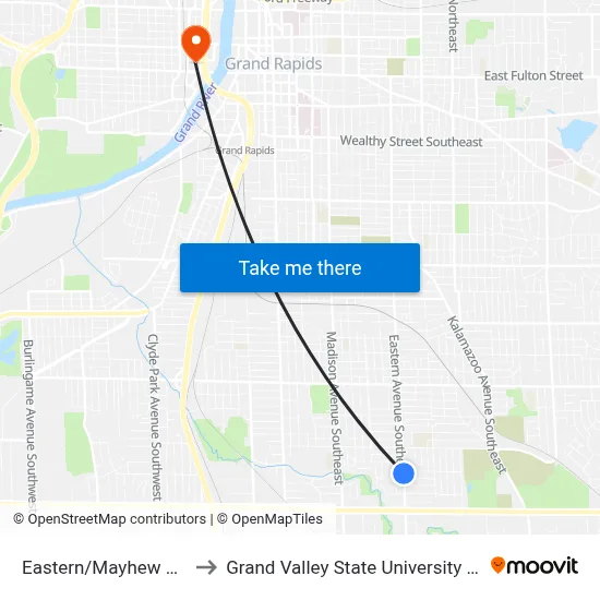 Eastern/Mayhew Wood (Nb) to Grand Valley State University - Pew Campus map